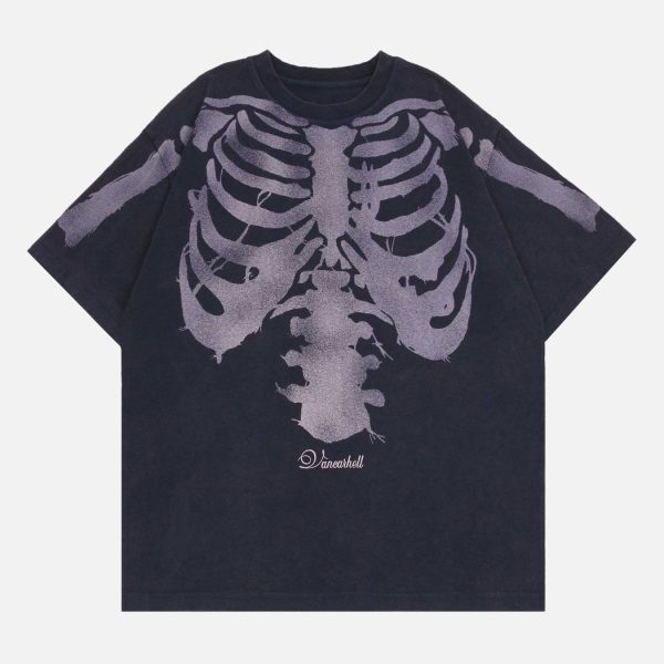 Old Washed Skeleton Print T-shirt - 1573