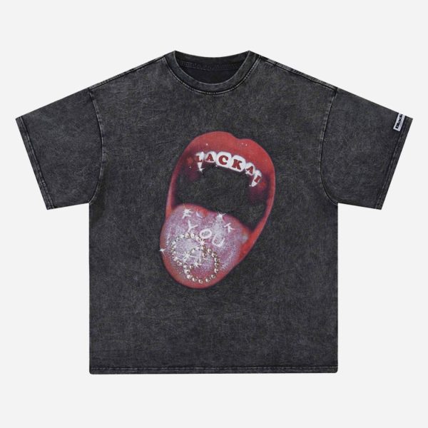 Hip Hop Mouth Printed Washed Out T-shirt