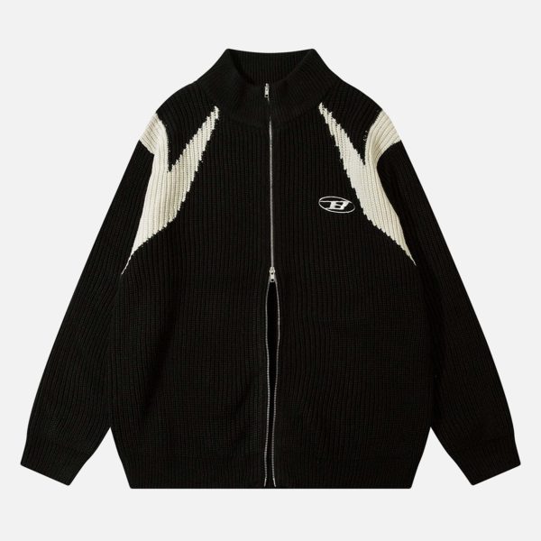 American Style Color Blocking Zipper Cardigan Sweater Loose Knit-1509