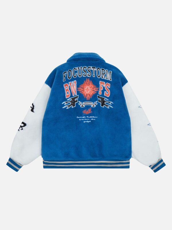 Hip-hop Loose Letters Embroidered Patch Faux Lambswool Jacket - 1590