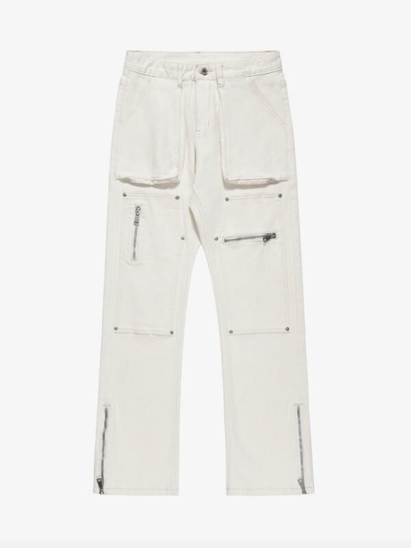 High Street Zipper Patchwork Pocket Denim Pants Straight Leg