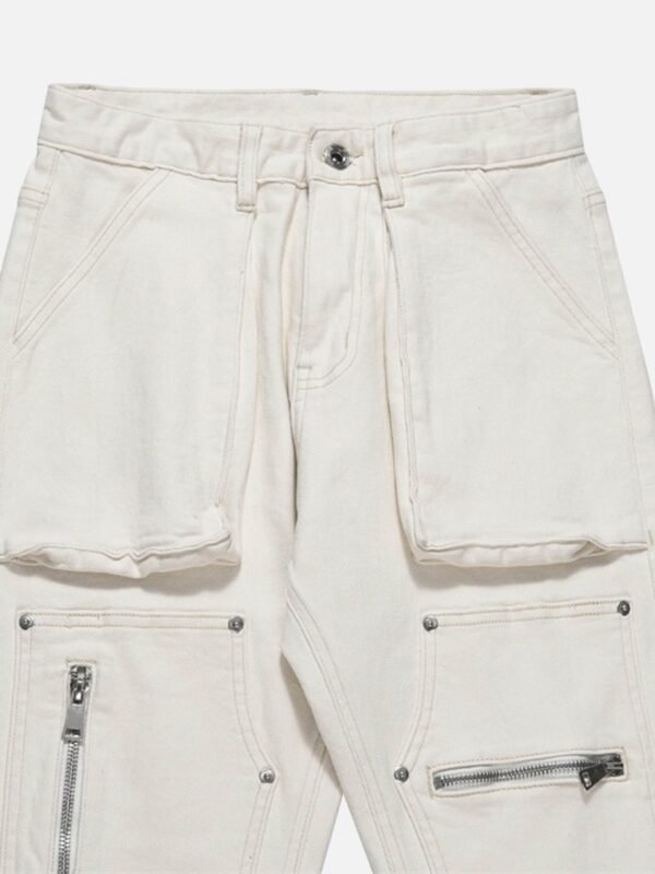 High Street Zipper Patchwork Pocket Denim Pants Straight Leg