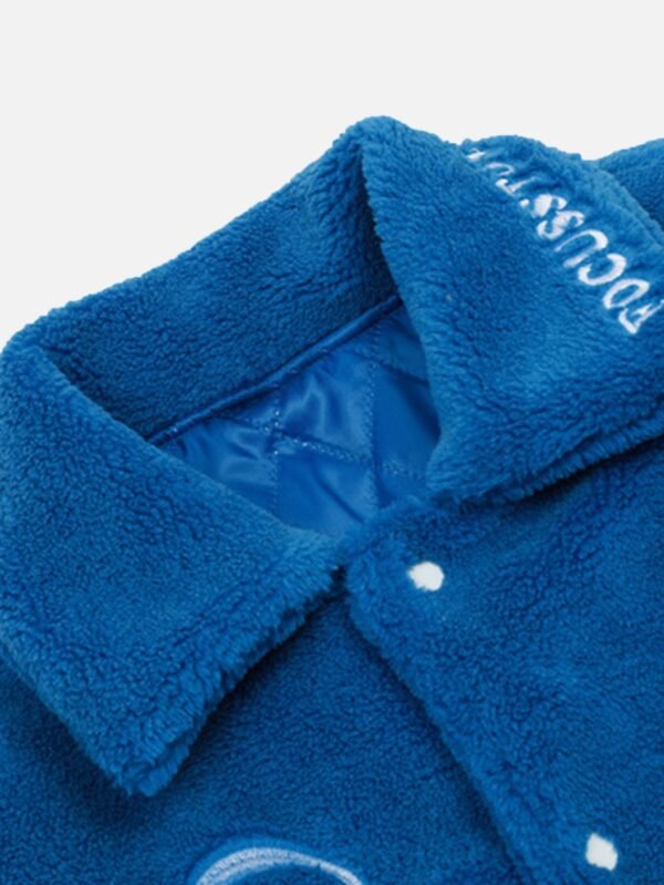 Hip-hop Loose Letters Embroidered Patch Faux Lambswool Jacket - 1590