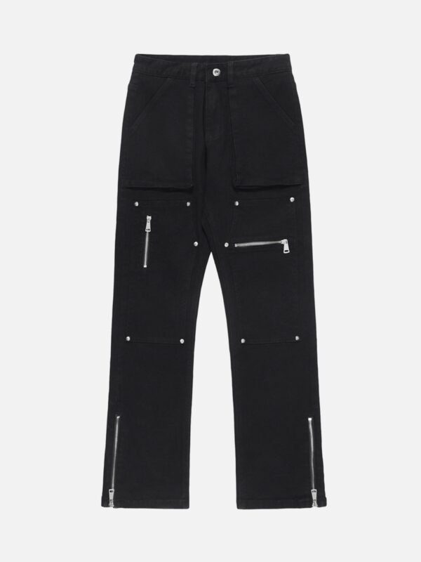 High Street Zipper Patchwork Pocket Denim Pants Straight Leg